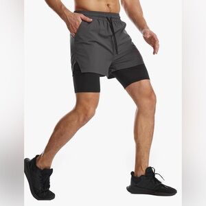 Surenow Mens 2 in 1 Running Shorts with Liner, Dark Grey, Size Medium